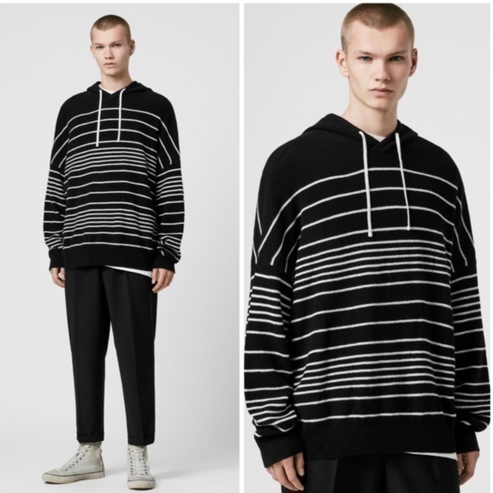 ALLSAINTS Reverb Hooded Stripes Contemporary Wool Blend Sweater Black Ecru